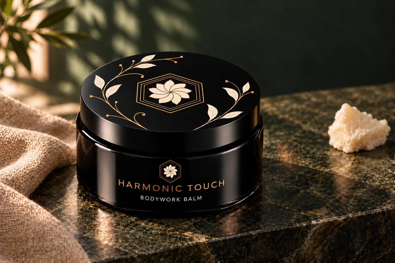 Black glass Harmonic Touch vessel with one small gold and ivory body emblem and botanical lid artwork
