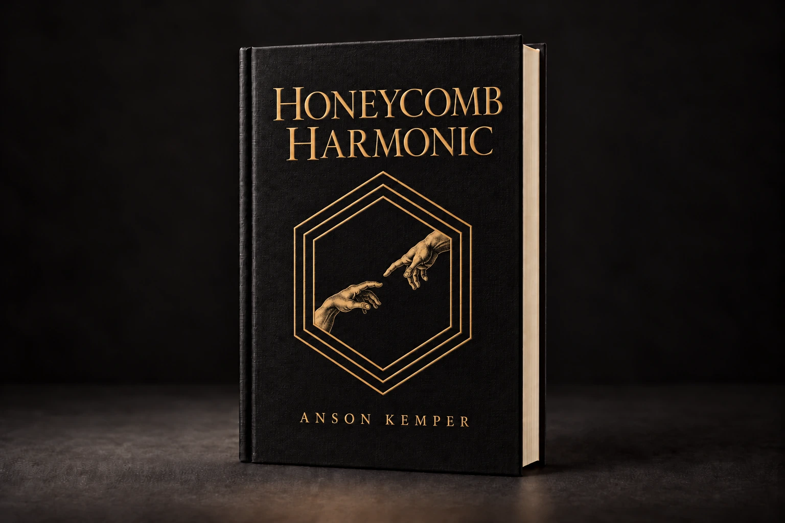 Black linen Honeycomb Harmonic cover with gold diagonal hands inside the honeycomb trio and ANSON KEMPER in capitals