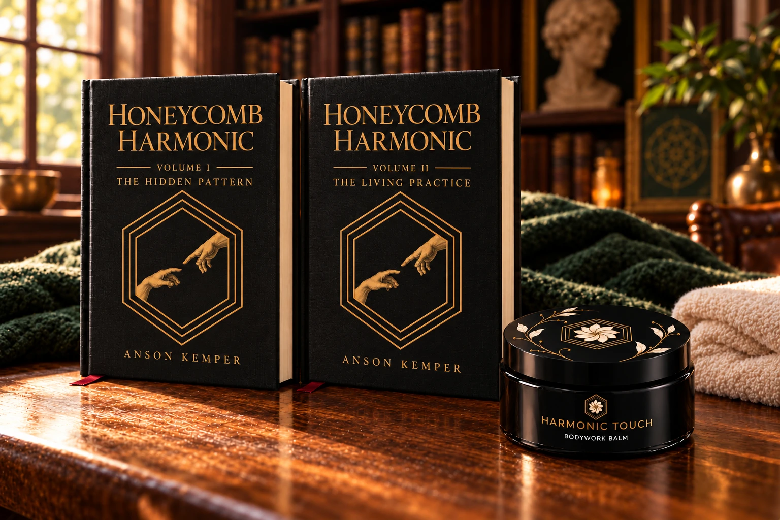 The two Honeycomb Harmonic volumes beside a Harmonic Touch balm vessel in a warm walnut and forest-green reading-room setting