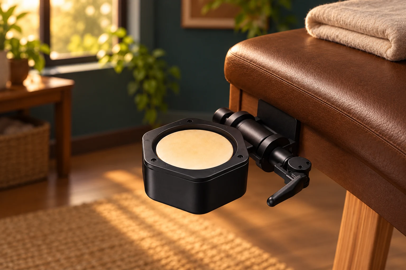 Photorealistic prototype study of the all-black balm cradle and adjustable mount beside a bodywork table