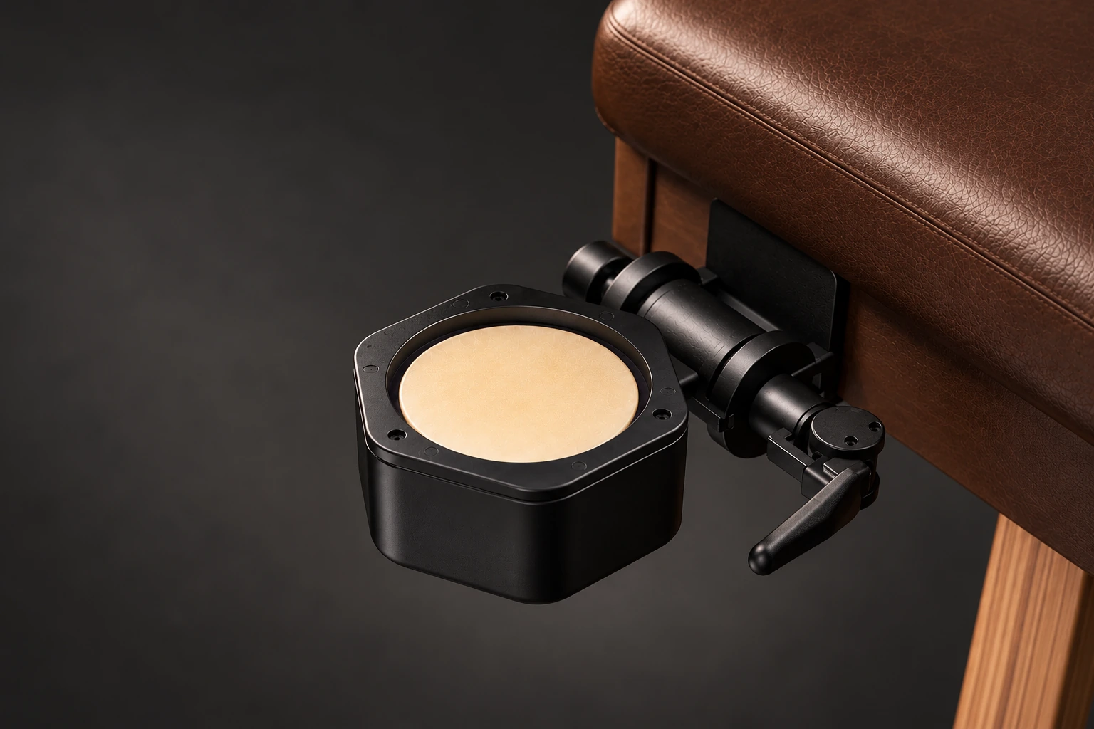 Complete black balm cradle and adjustable mounting mechanism beside a bodywork table