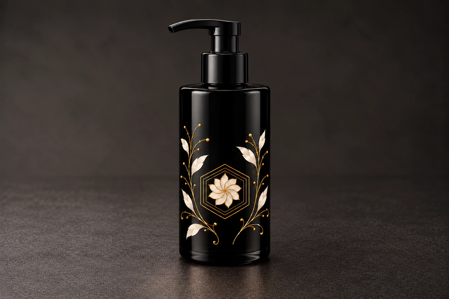 Black UV glass pump-bottle packaging concept with black pump and fine gold and ivory botanical decoration