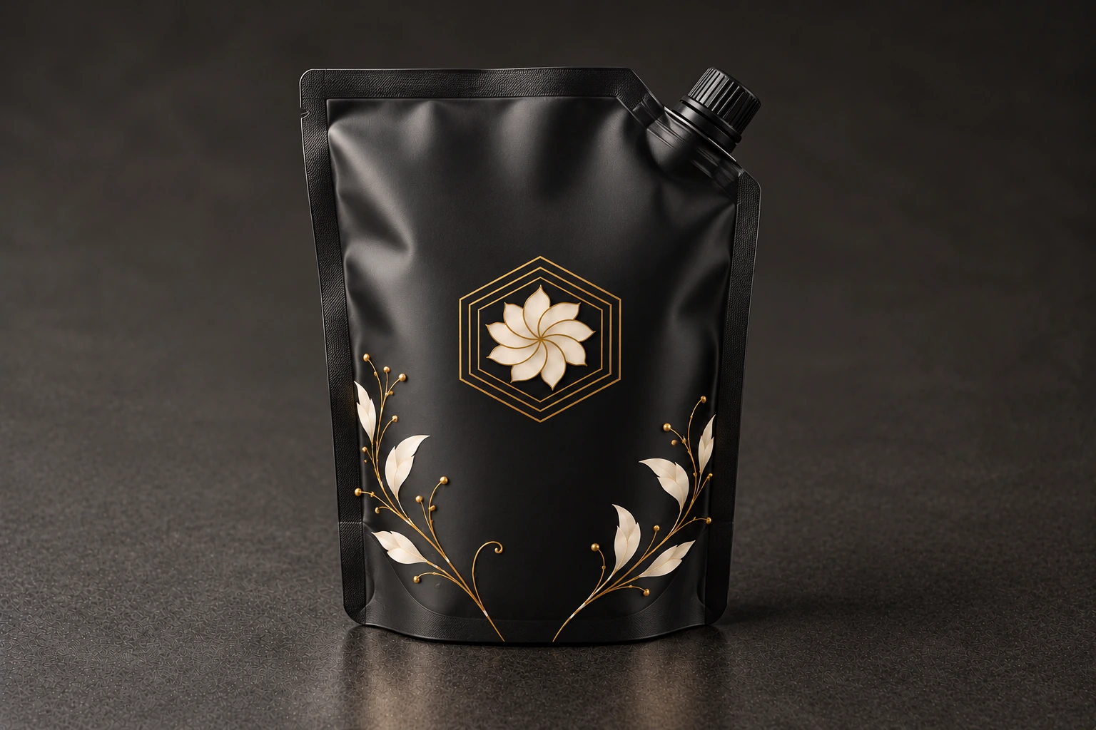 Matte black refill pouch concept with capped spout and Harmonic Touch gold and ivory emblem